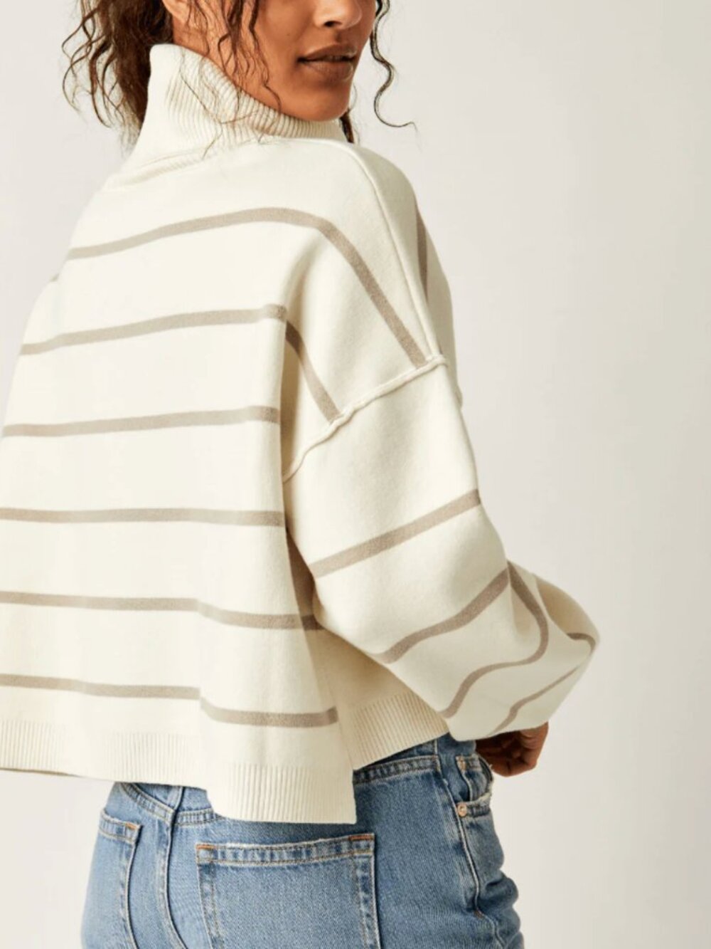Free People "Paulie" Striped Turtleneck Sweater In Cream and Tan - Size M - Picture 3 of 13